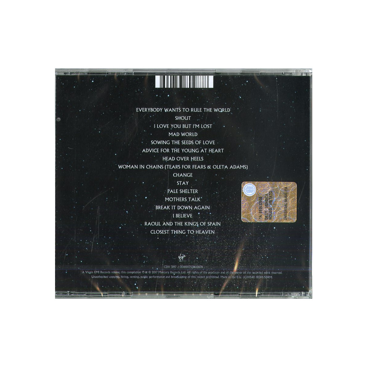 CD achterkant met sterrenhemel achtergrond, tracklist en barcode.