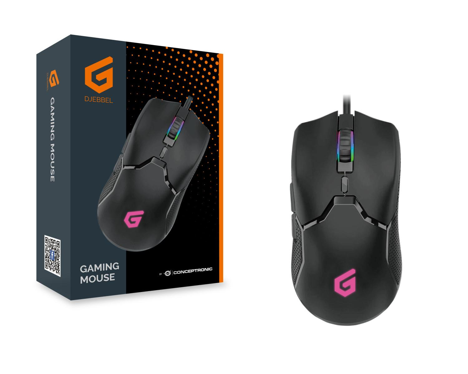 Black gaming mouse with RGB scroll wheel and pink G logo on gray packaging.