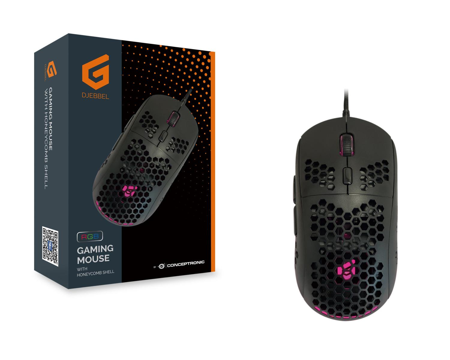 Zwarte gamingmuis met honingraatpatroon en RGB-verlichting naast de verpakking.