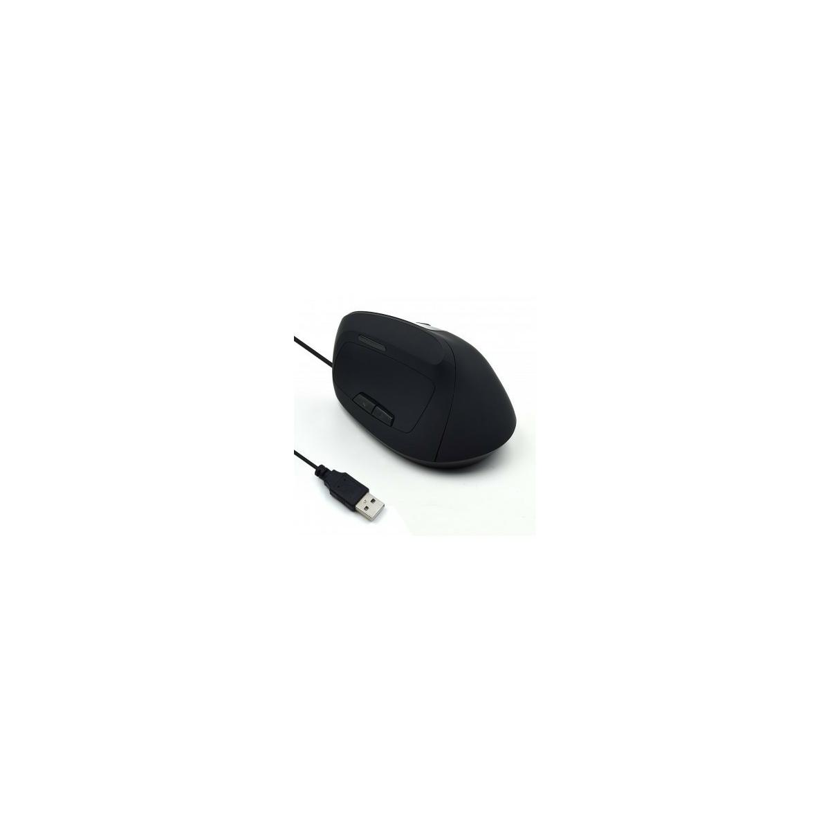 Een zwarte verticale muis met USB-kabel op witte achtergrond.