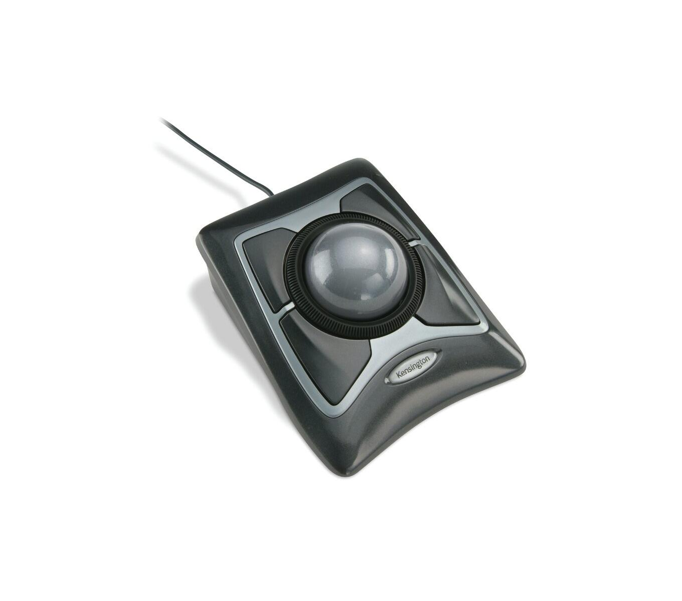 A gray Kensington trackball with silver accents and a black cord.
