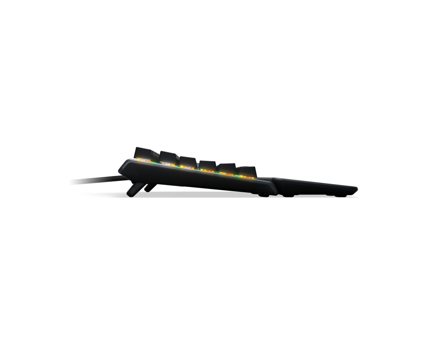 Tastiera nera con illuminazione RGB, vista di lato.