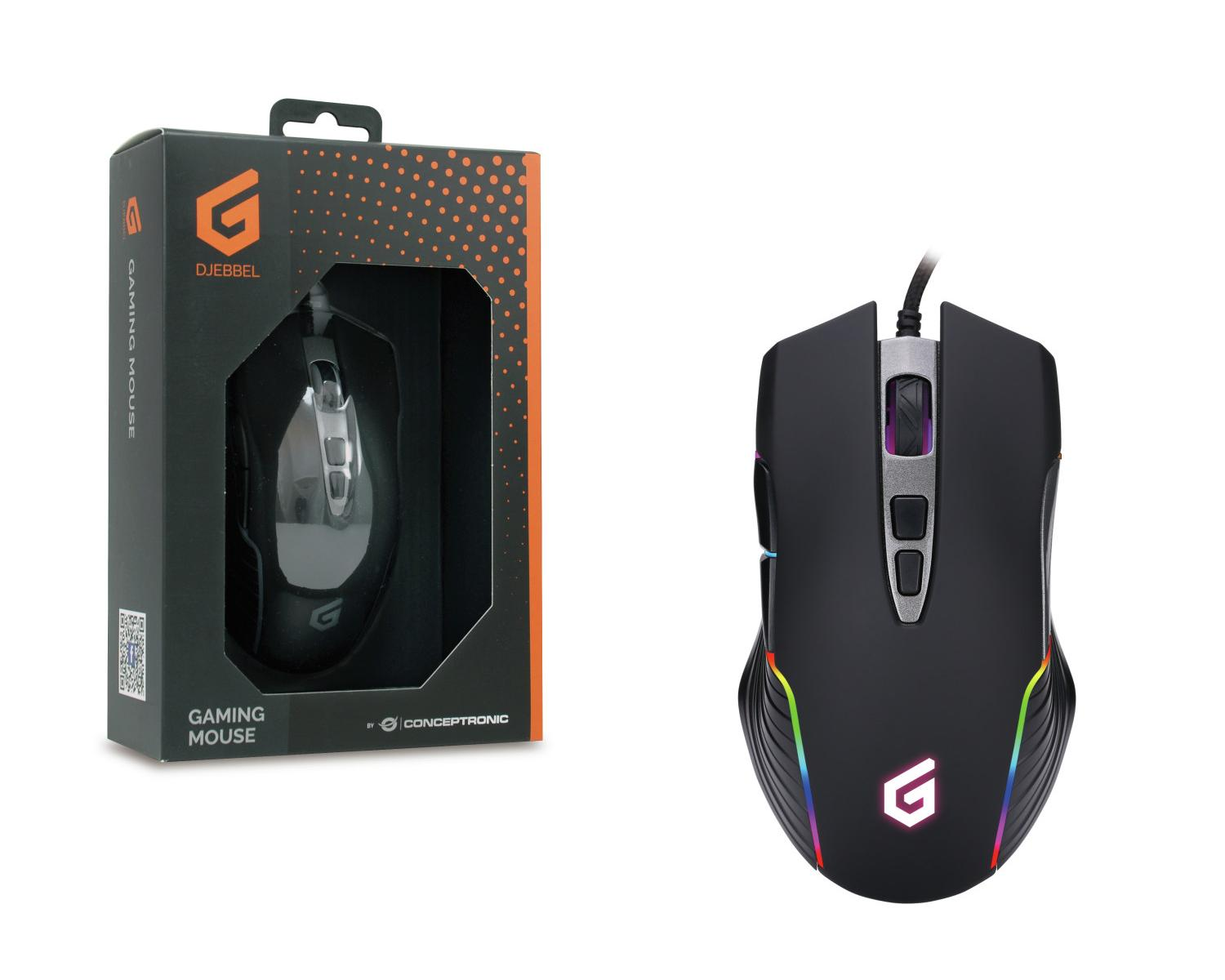 Zwarte gamingmuis met RGB-verlichting, naast de verpakking.