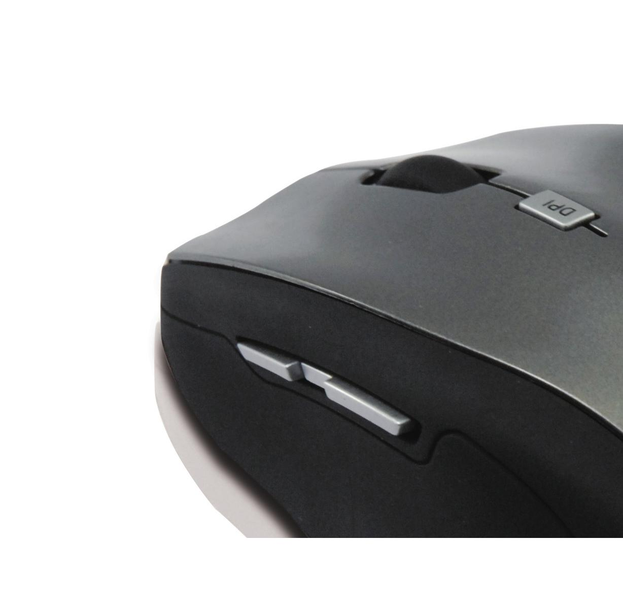 Draadloze muis met scrollwiel en DPI-knop, close-up.