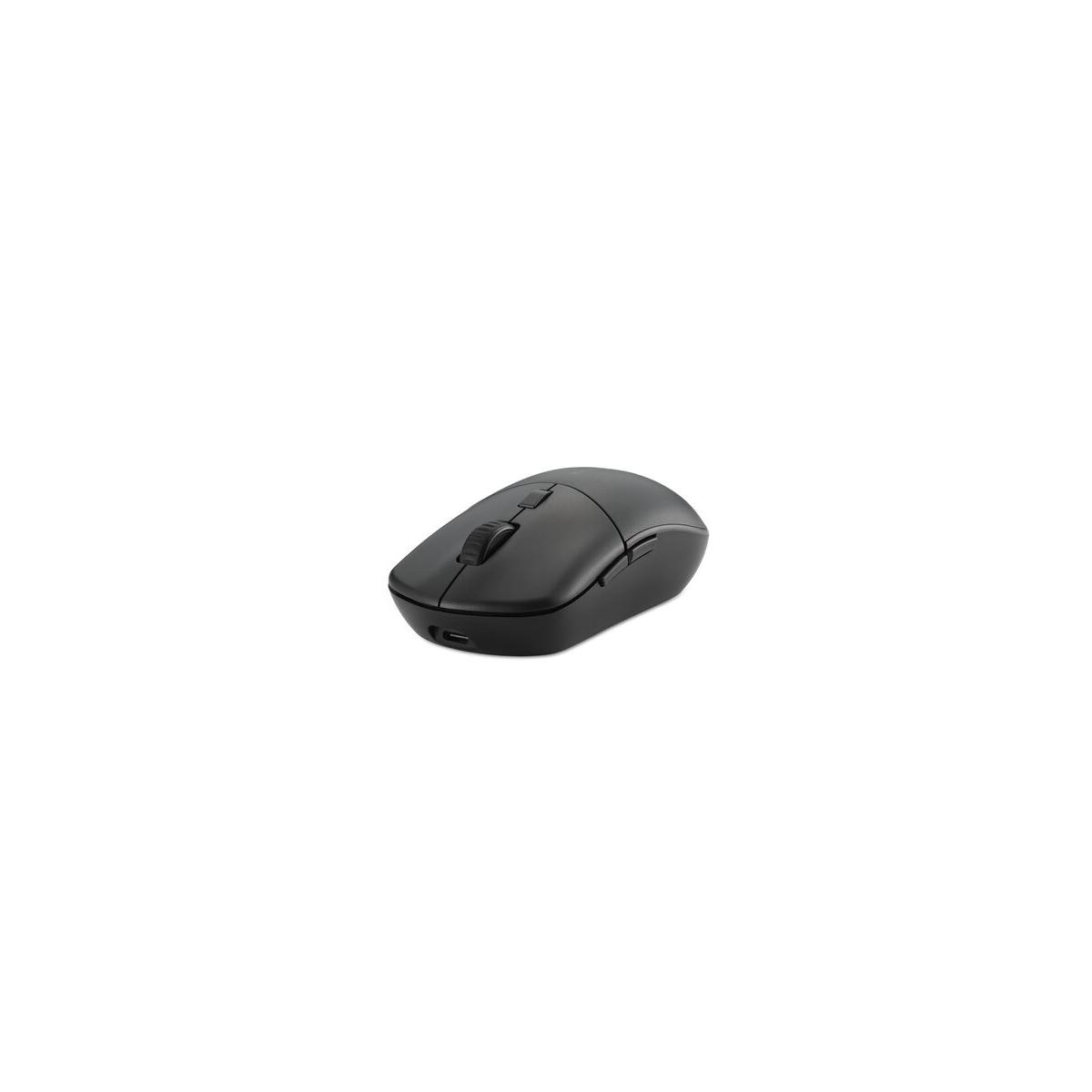 Un mouse wireless nero per computer con rotella di scorrimento e pulsanti su sfondo bianco.