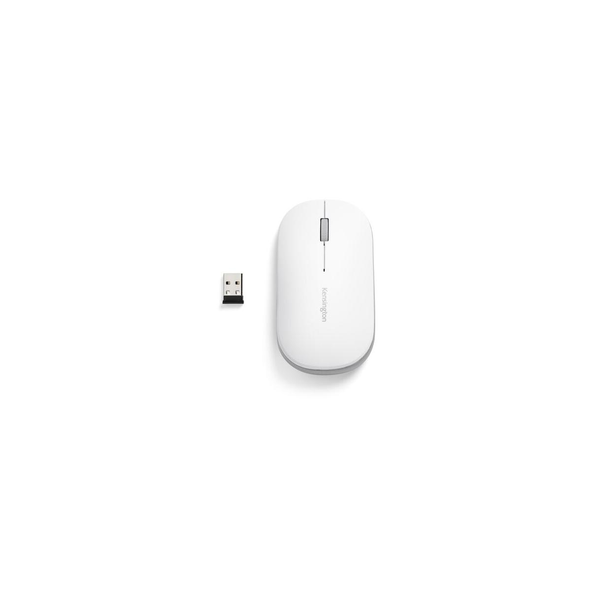 Un mouse bianco e un ricevitore USB su sfondo bianco.