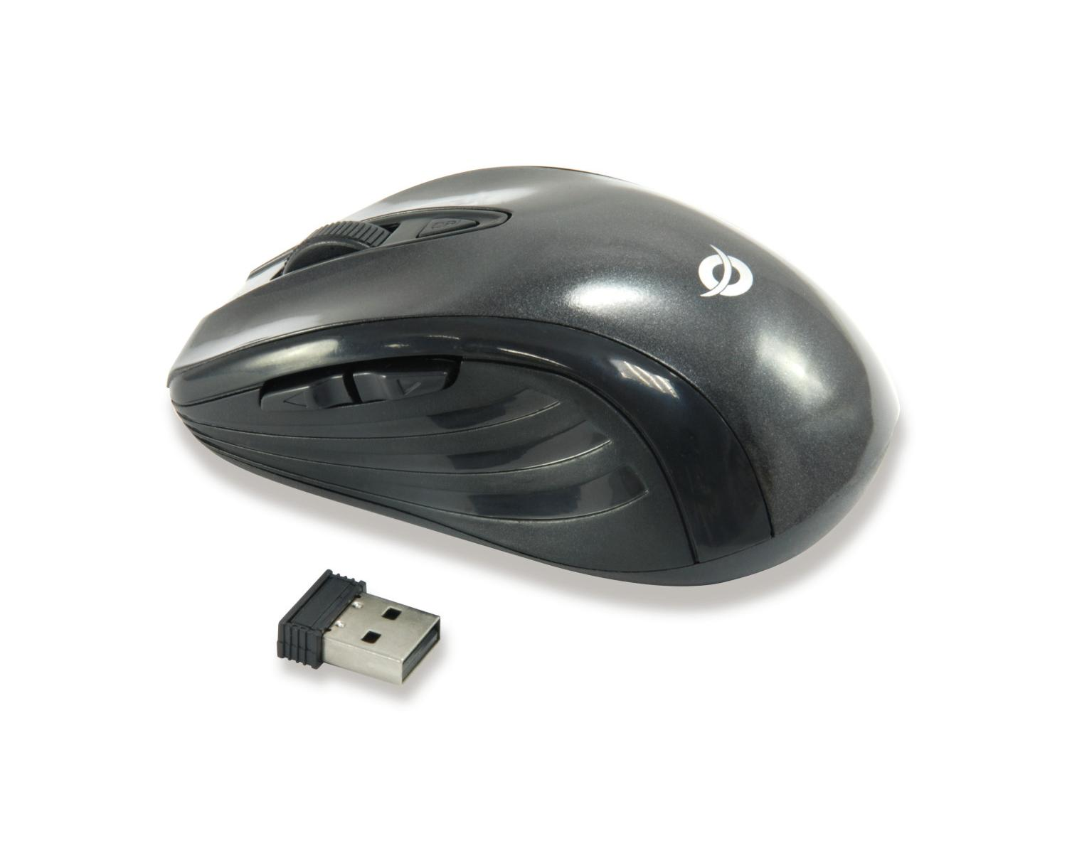 Un ratón inalámbrico oscuro con rueda de desplazamiento y dongle USB sobre fondo blanco.