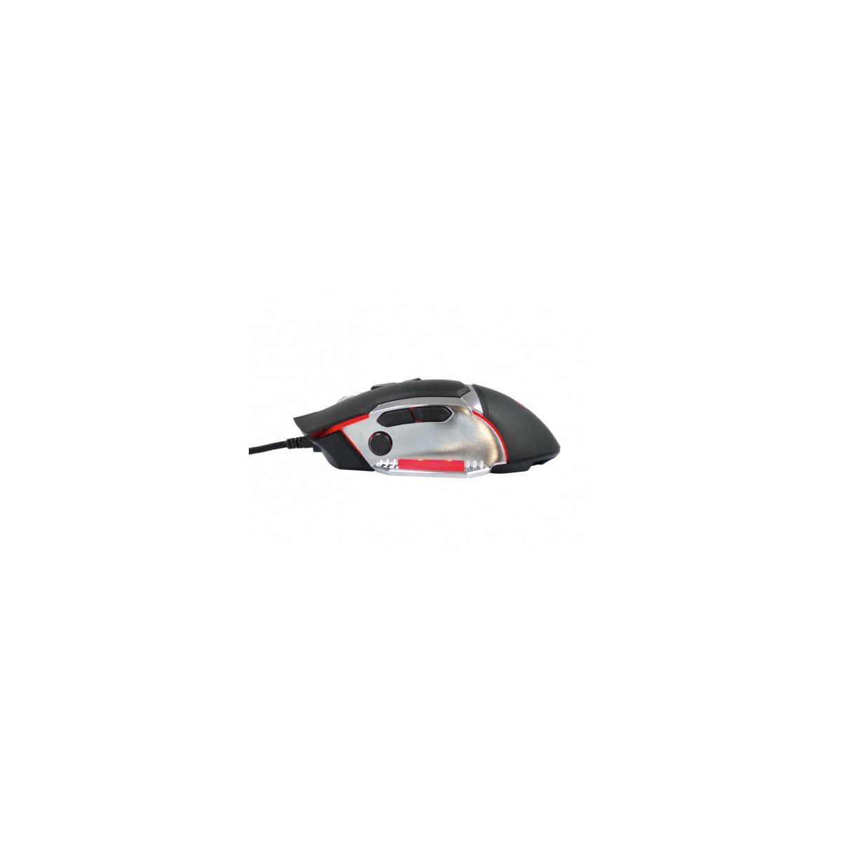 Ratón gaming negro con detalles rojos y plateados.