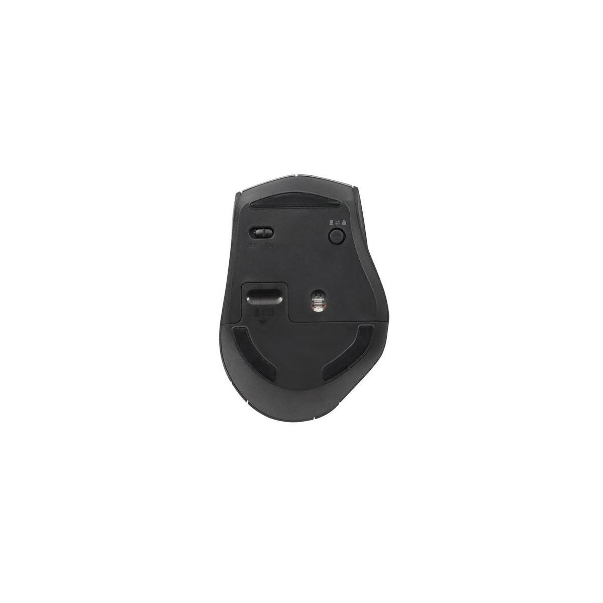 Underside of a black computer mouse showing switches and optical sensor.
