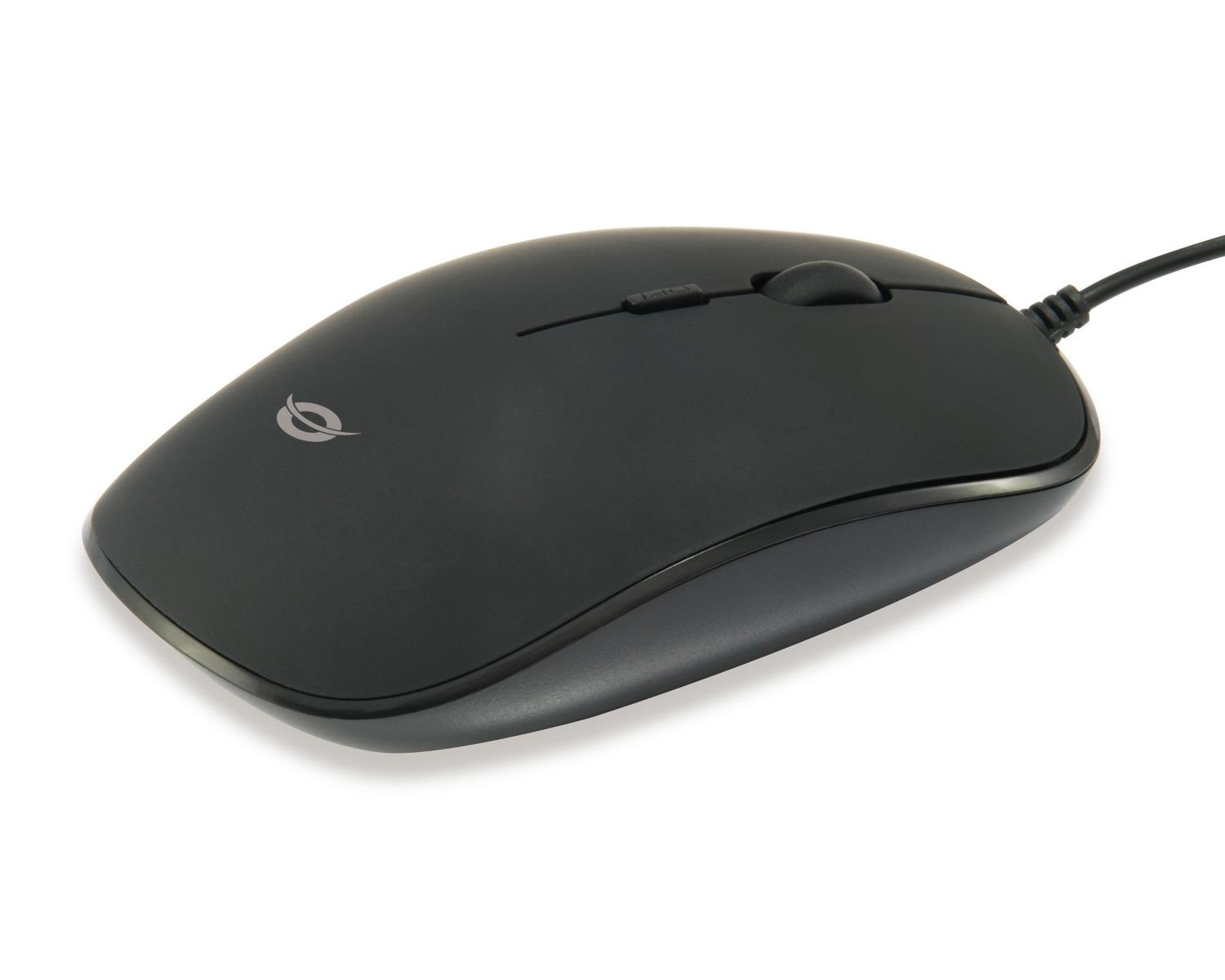Un ratón de computadora negro con rueda de desplazamiento y un logo.