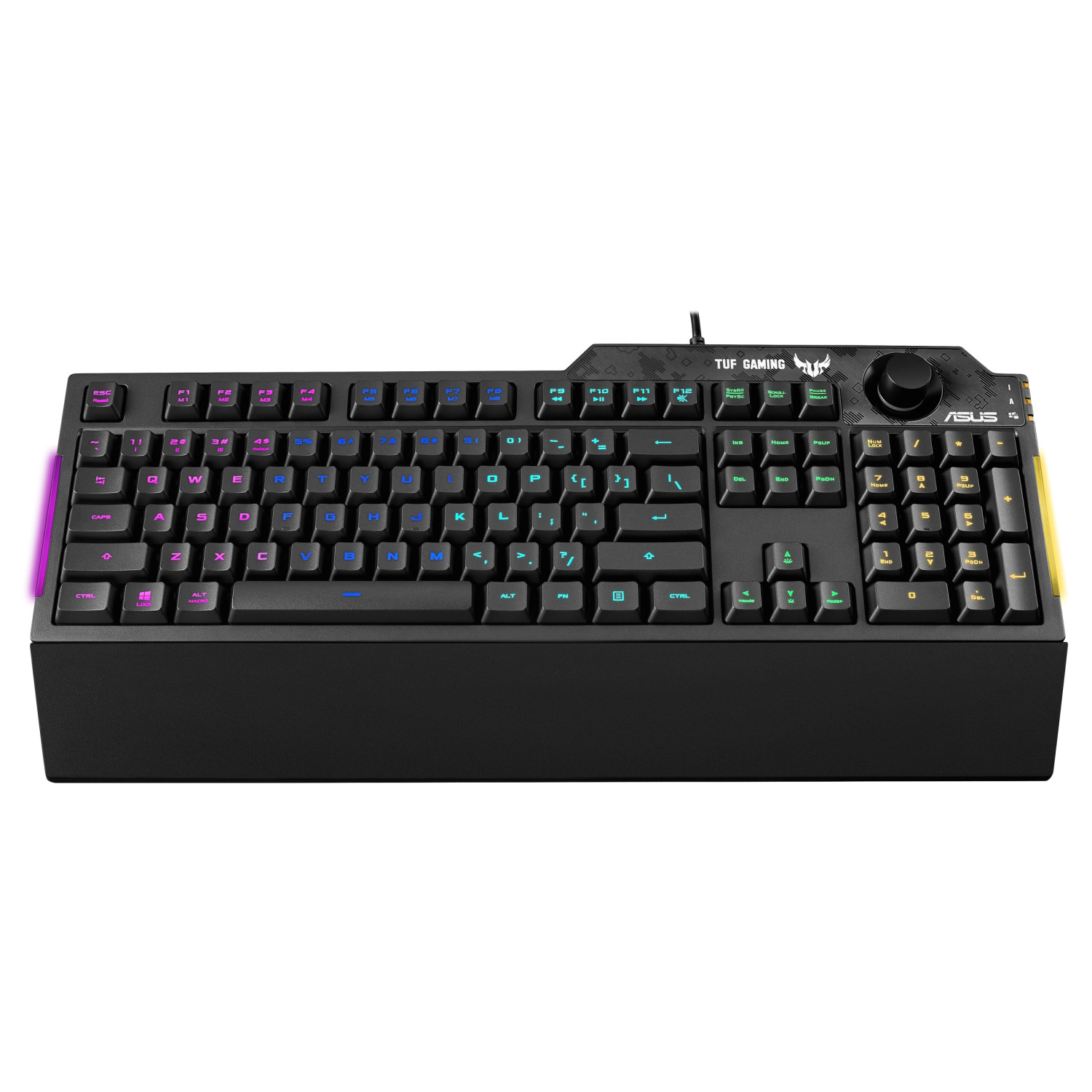 Schwarze Tastatur mit RGB-Beleuchtung an den Seiten und gelben Akzenten.