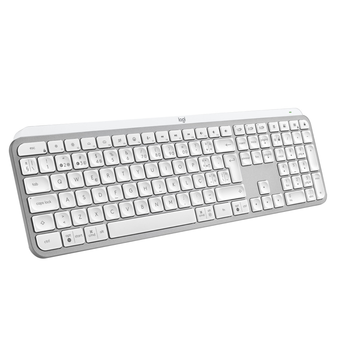 Una tastiera Logitech bianca con parte superiore argentata e tasti grigi.