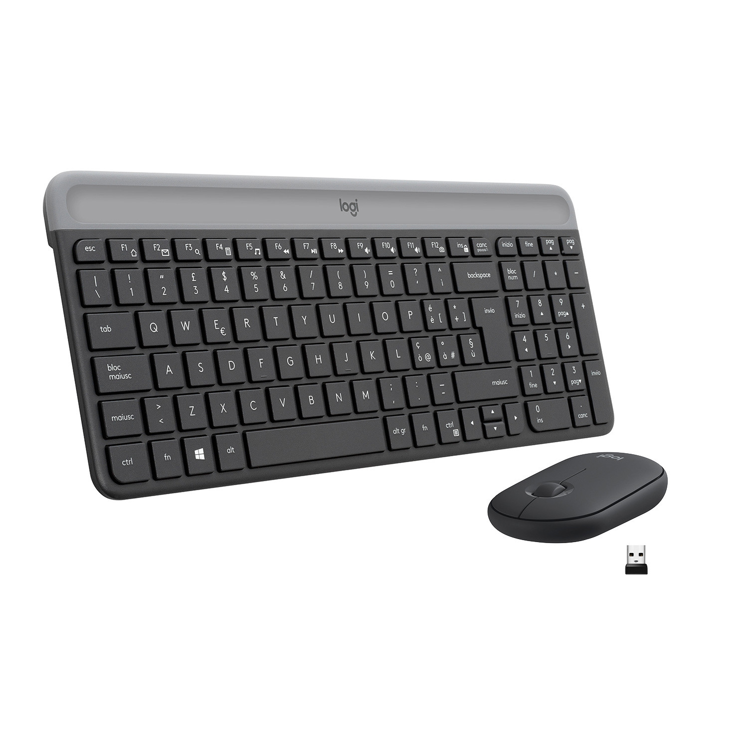 Een grijs Logitech toetsenbord en muis met USB-ontvanger op witte achtergrond.