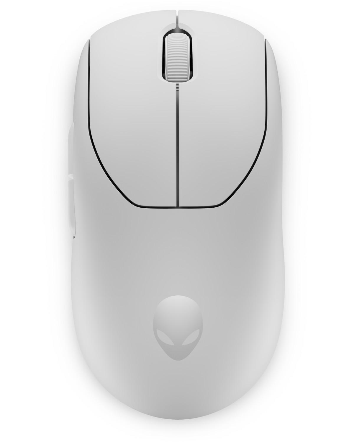 Un mouse bianco per computer con il logo Alienware. Il mouse è visto dall'alto.