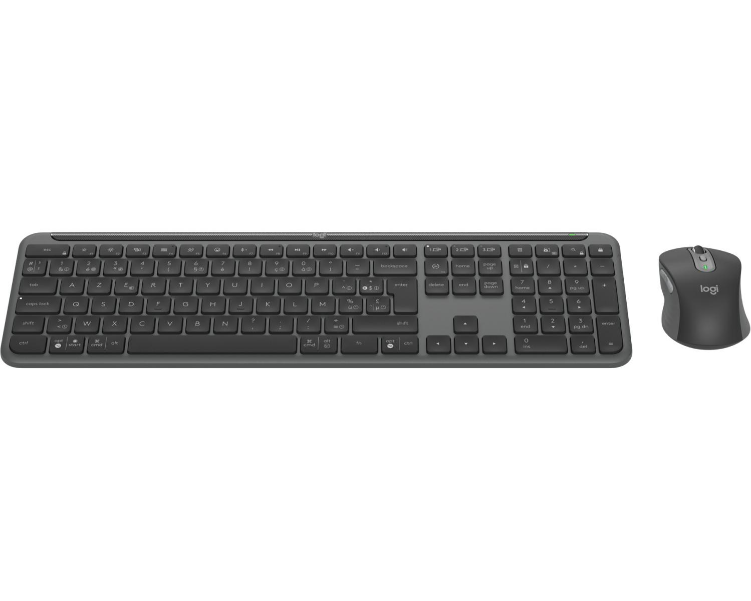 Eine dunkle Tastatur und eine Maus von Logitech auf weißem Hintergrund.