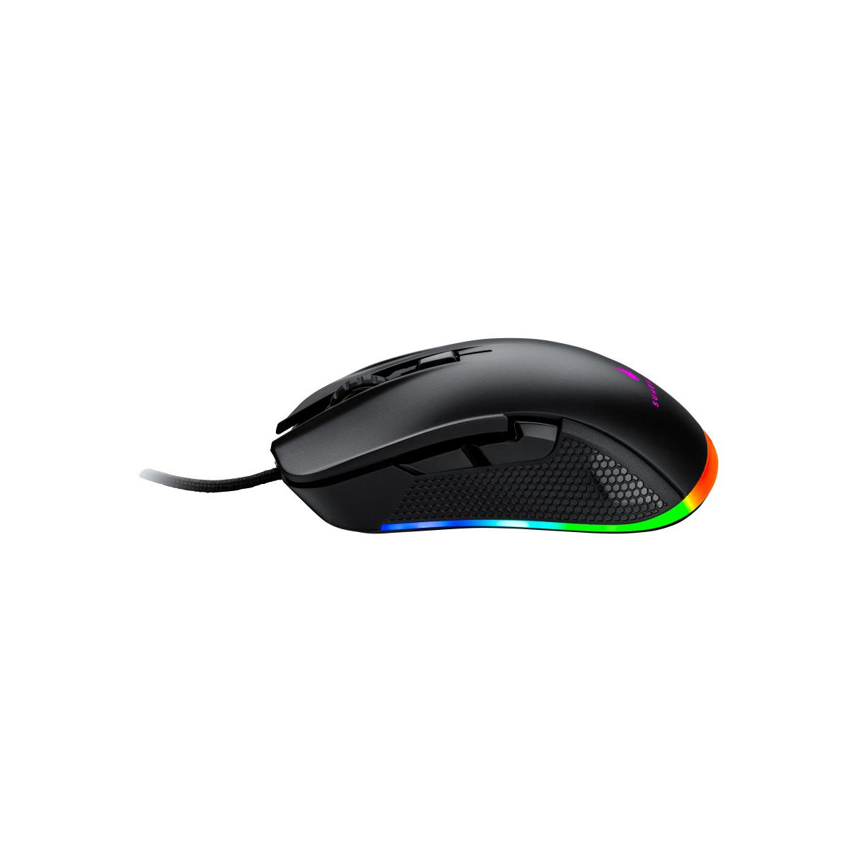 Zwarte gamingmuis met RGB-verlichting en honingraatstructuur.