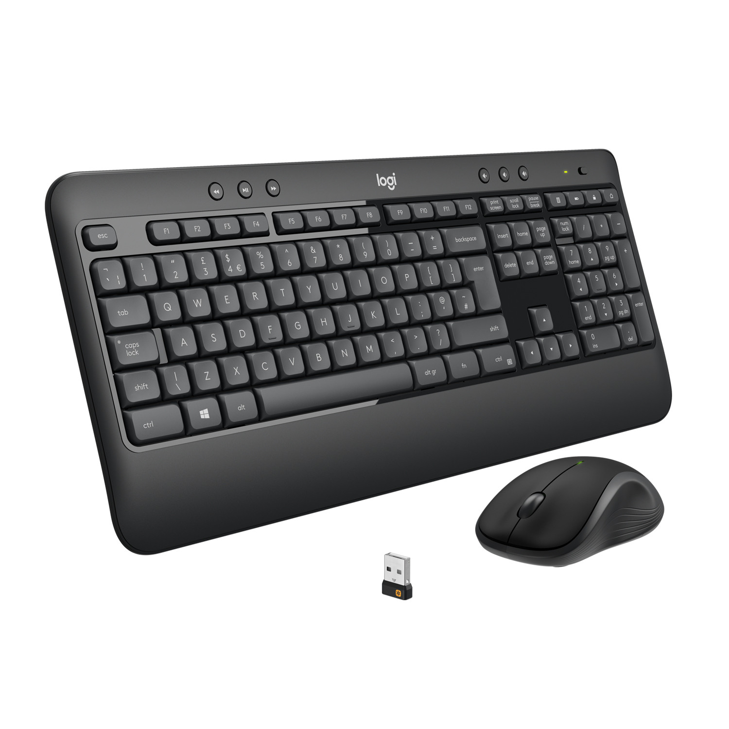 Tastiera e mouse Logitech neri con ricevitore USB su sfondo bianco.