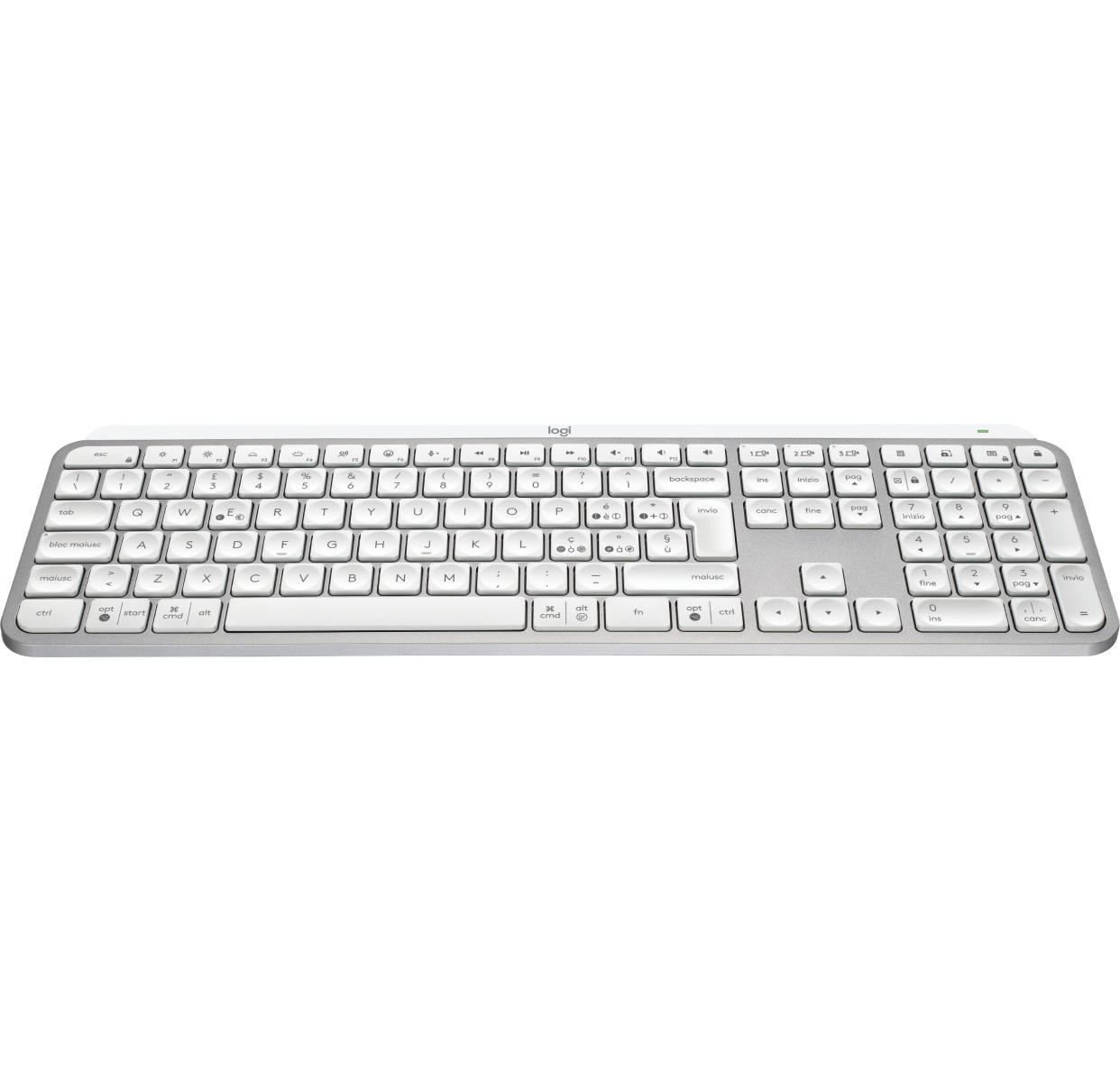 Eine weiße Logitech-Tastatur mit silbernen Tasten und Nummernblock.