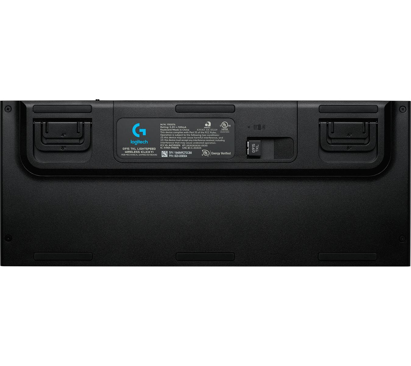 Spód czarnej klawiatury Logitech G915 TKL z oznaczeniami.