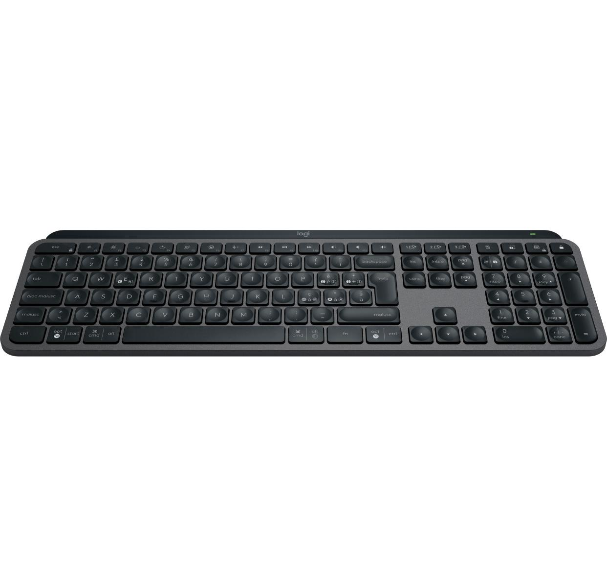 Eine dunkle Logitech-Tastatur mit vollständigem Layout, einschließlich Ziffernblock.