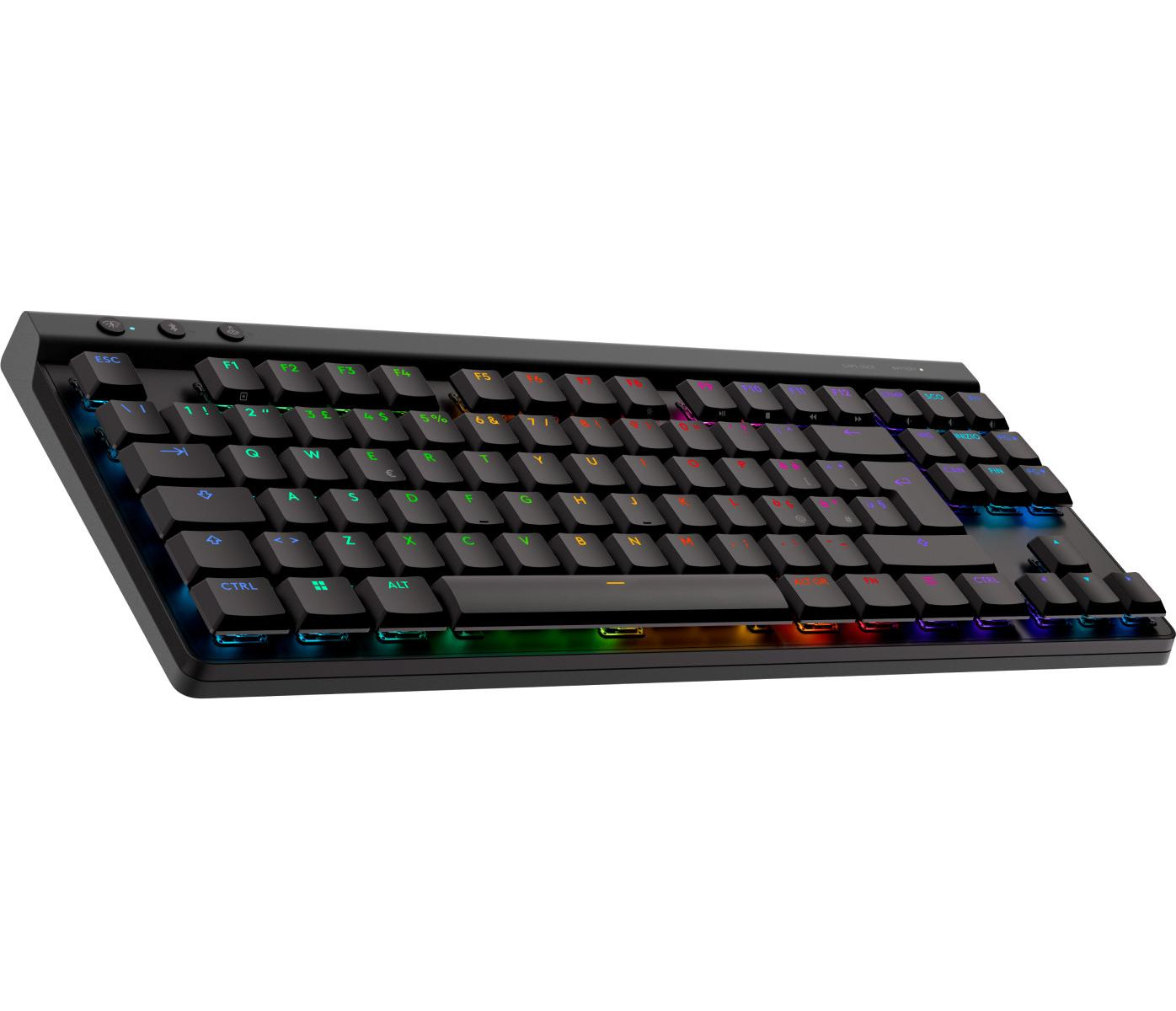 Czarna klawiatura z oświetleniem RGB, białe klawisze.