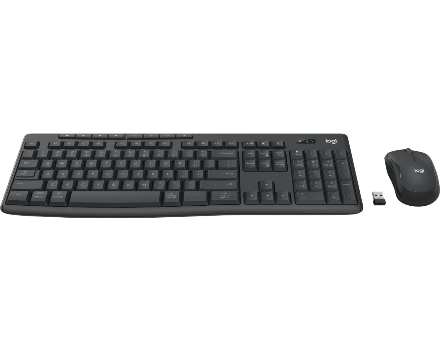 Ein schwarzes kabelloses Logitech-Tastatur- und Maus-Set mit USB-Empfänger.