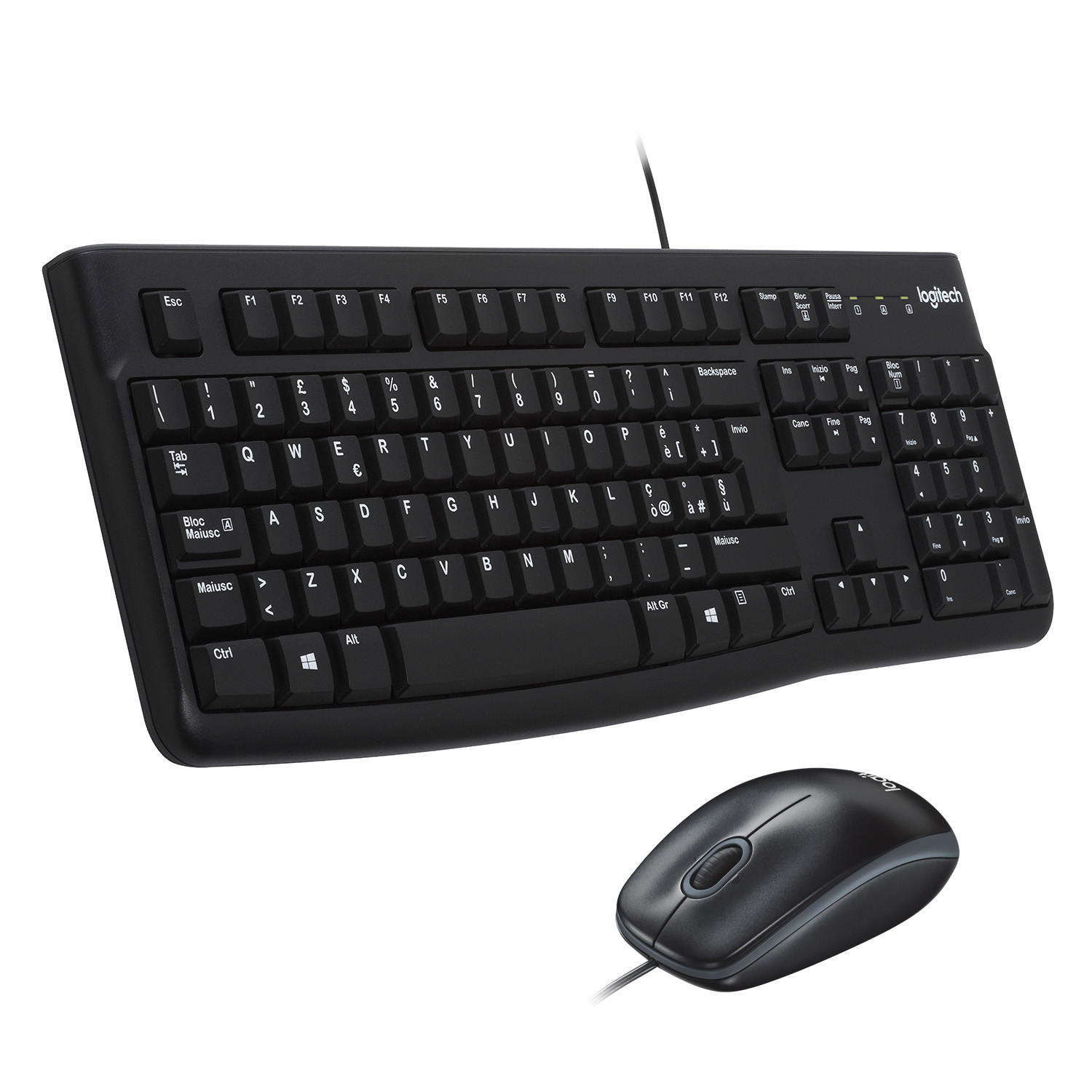 Zwart Logitech toetsenbord en muis op witte achtergrond.