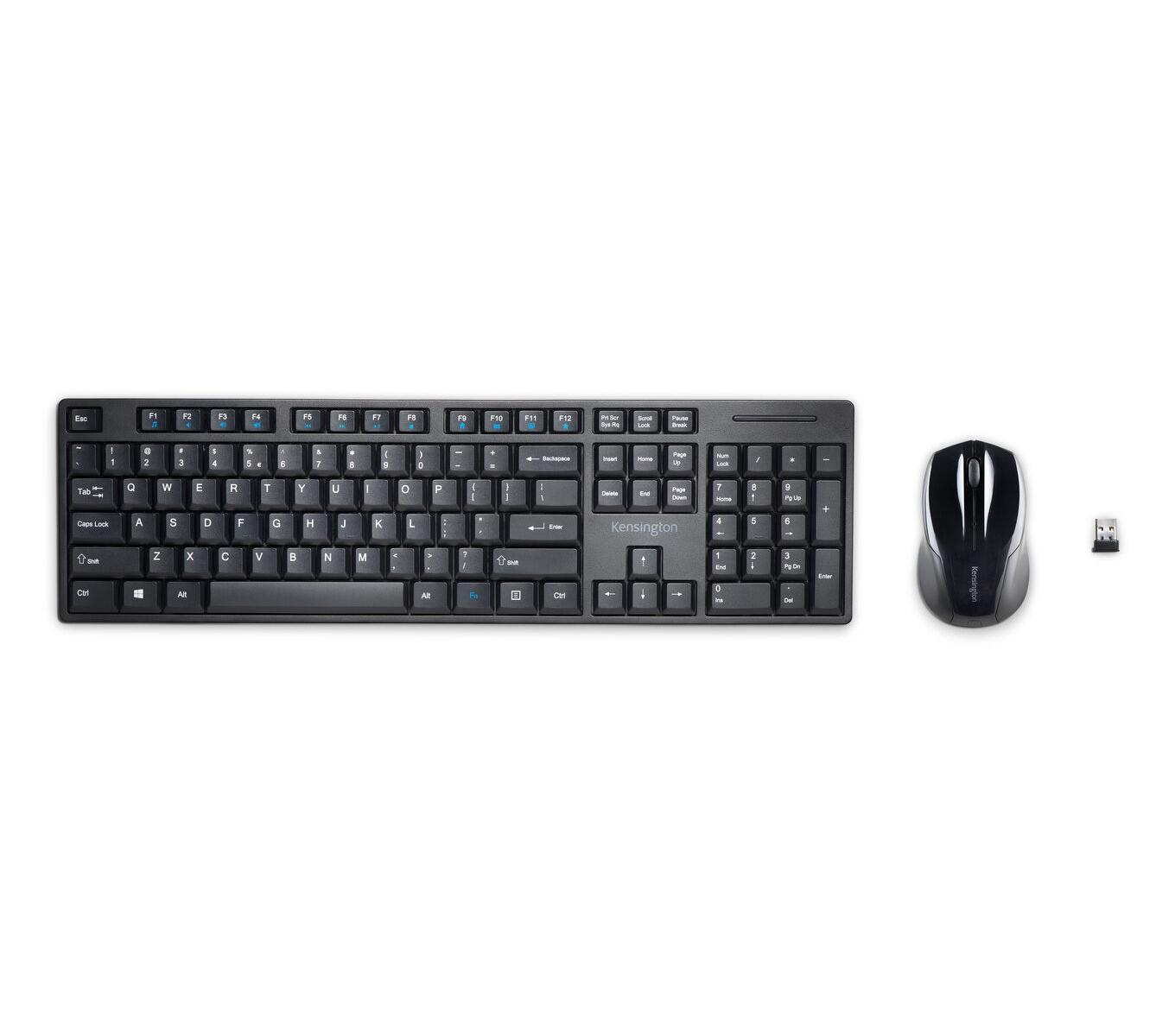 Tastiera, mouse e ricevitore USB Kensington neri su sfondo bianco.