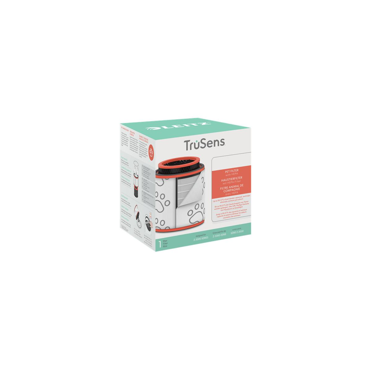 Verpackung eines TruSens Haustierfilters mit HEPA-Filter und Pfotenabdrücken.