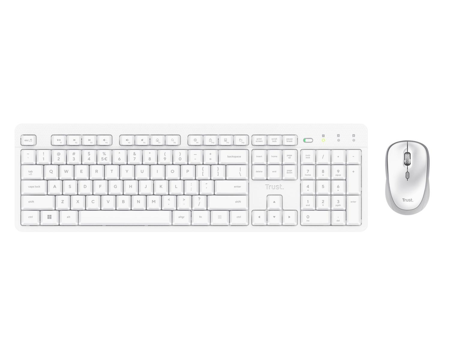 Ein weißes kabelloses Tastatur- und Mausset auf weißem Hintergrund.