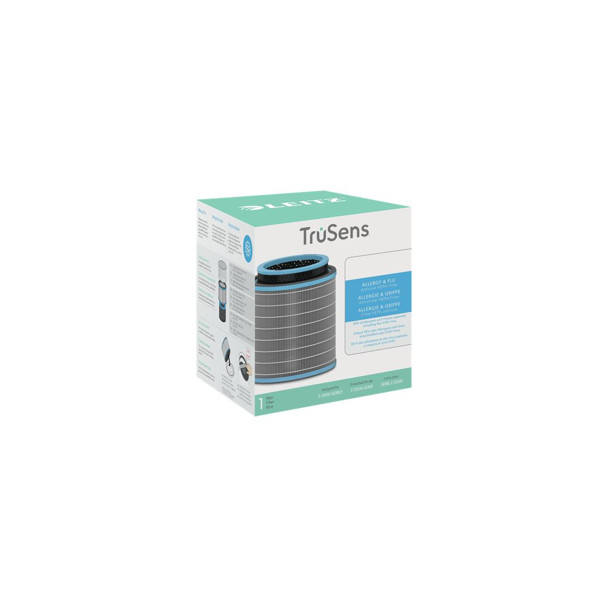 Verpackung eines TruSens Allergy & Flu Antiviral HEPA Filters mit blauer Oberseite.