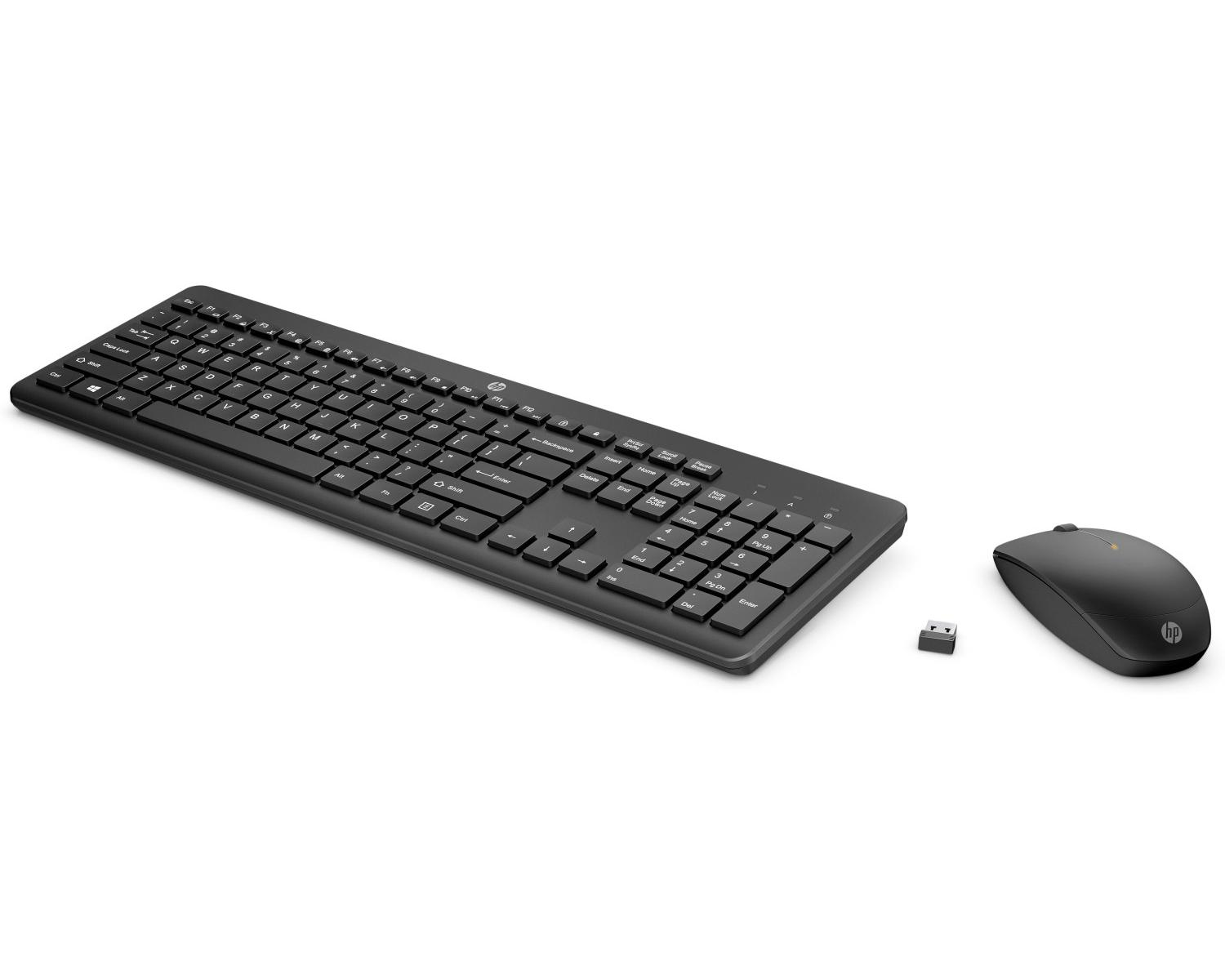 Tastiera wireless nera, mouse e dongle USB su sfondo bianco.