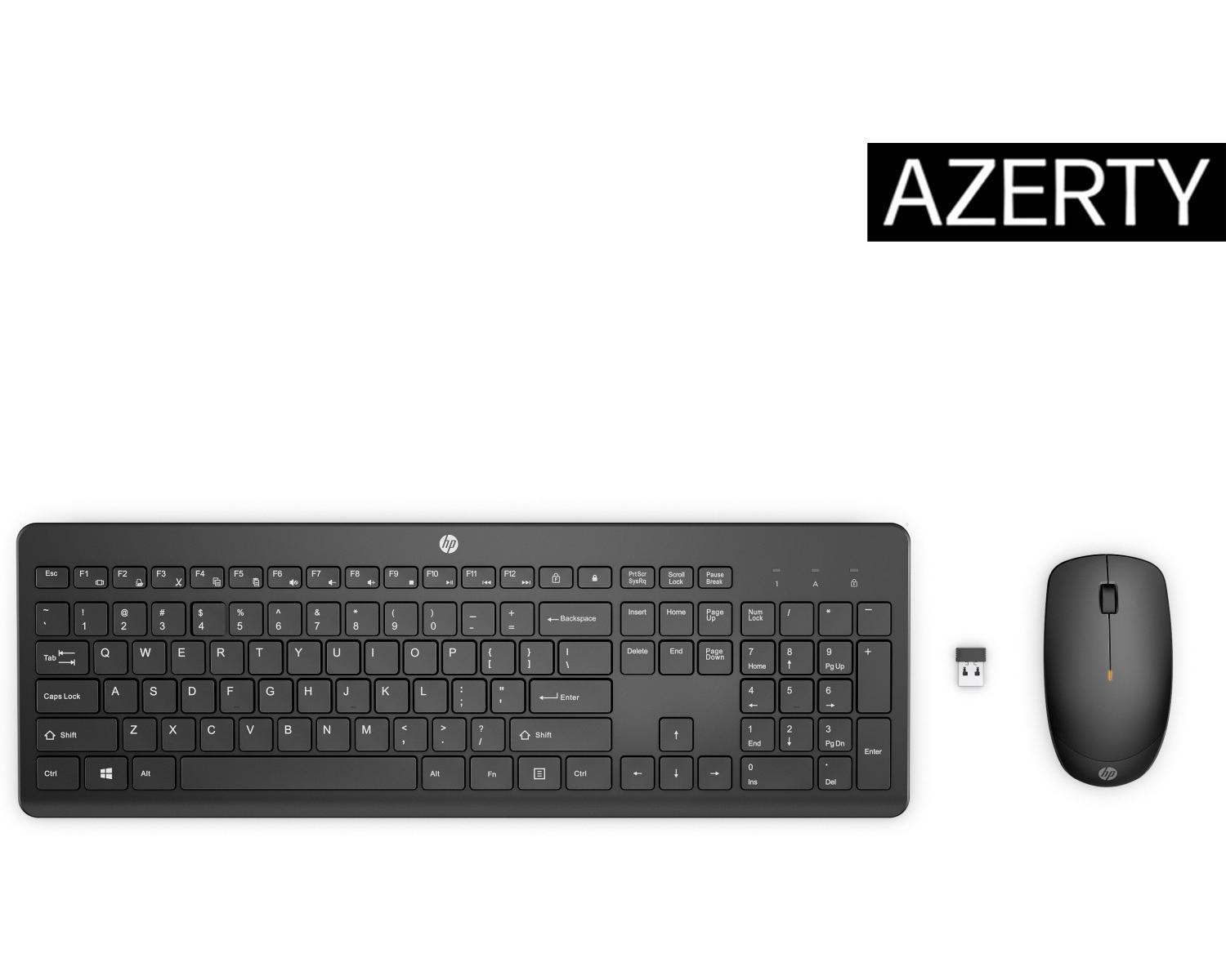 Schwarze HP Tastatur und Maus mit USB-Dongle daneben. AZERTY-Logo im Hintergrund.
