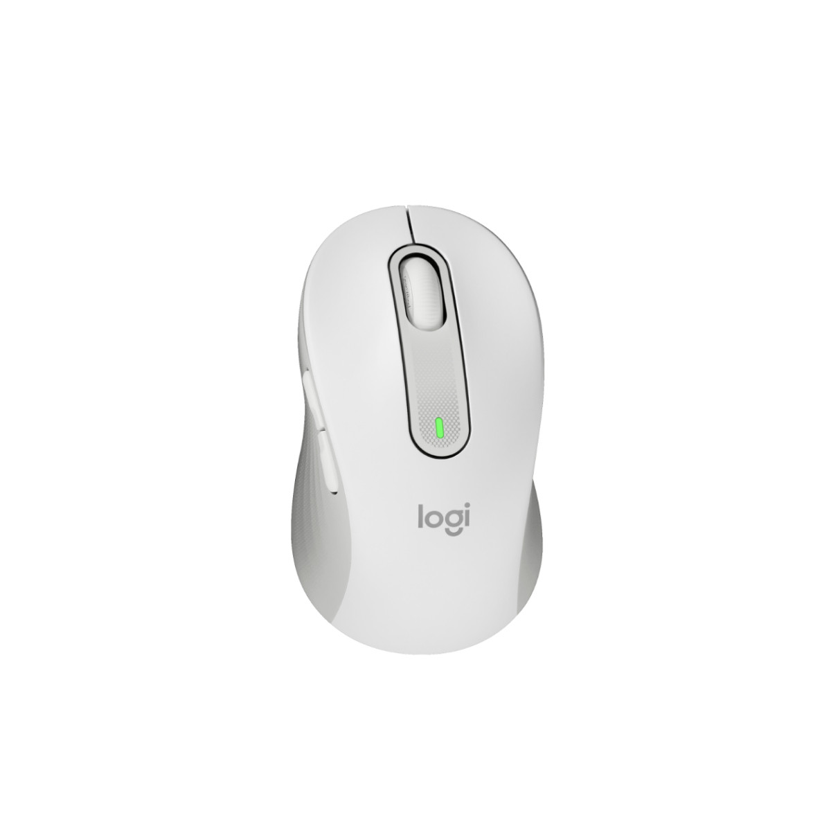 Un ratón blanco Logitech con rueda de desplazamiento y LED verde.