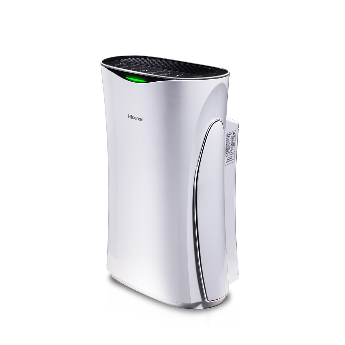 Un purificador de aire Hisense blanco con parte superior negra y LED verde.