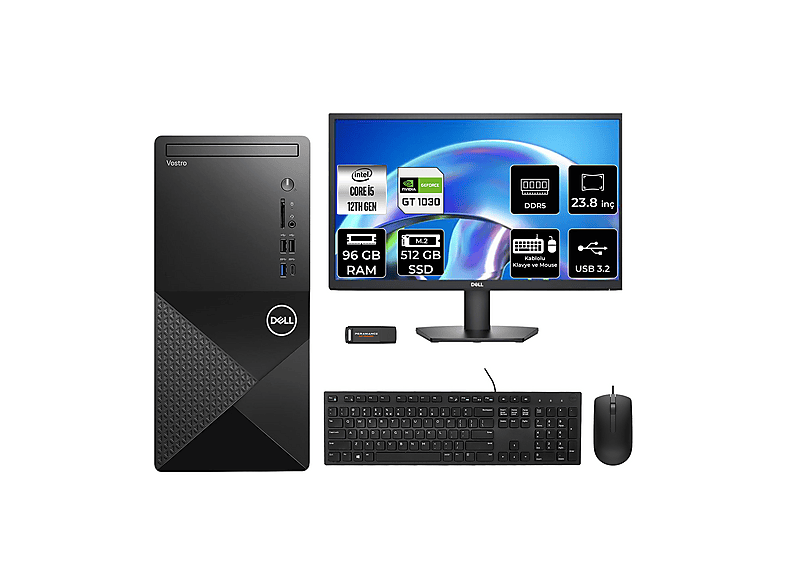 DELL Vostro 3030MT GT1030 4GB 23.8" N6004VDT3030MTP737 PER4 Bellek Intel Core i5-12400 96 GB RAM 512 GB SSD FreeDOS Masaüstü Bilgisayar