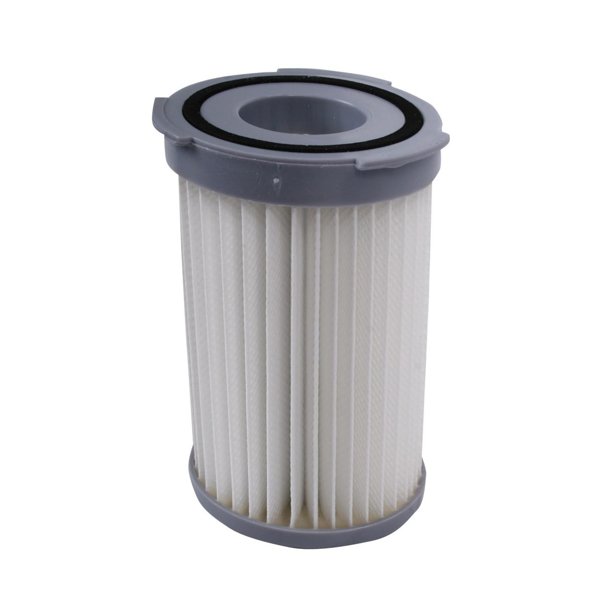 Un filtro cilindrico bianco con tappi grigi e gomma nera.