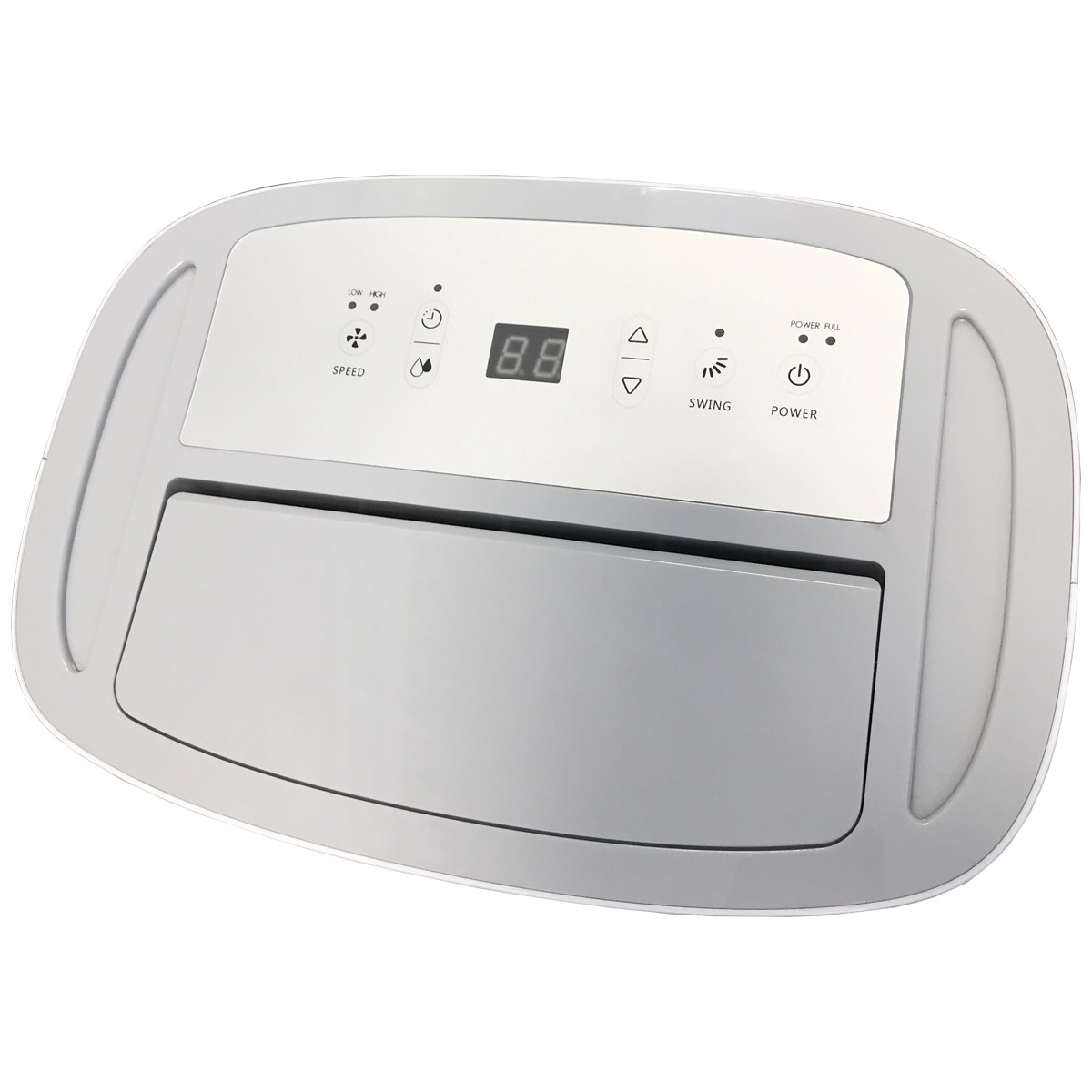 Un deumidificatore portatile bianco con pannello frontale grigio e display digitale.