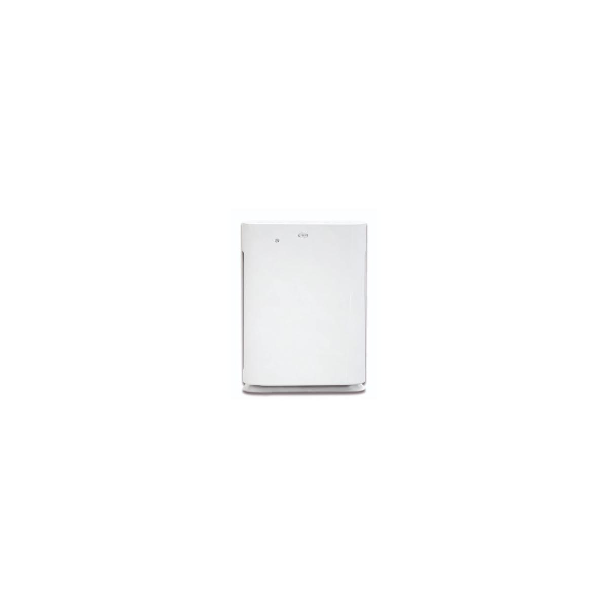 Un purificatore d'aria bianco è posizionato su sfondo bianco.