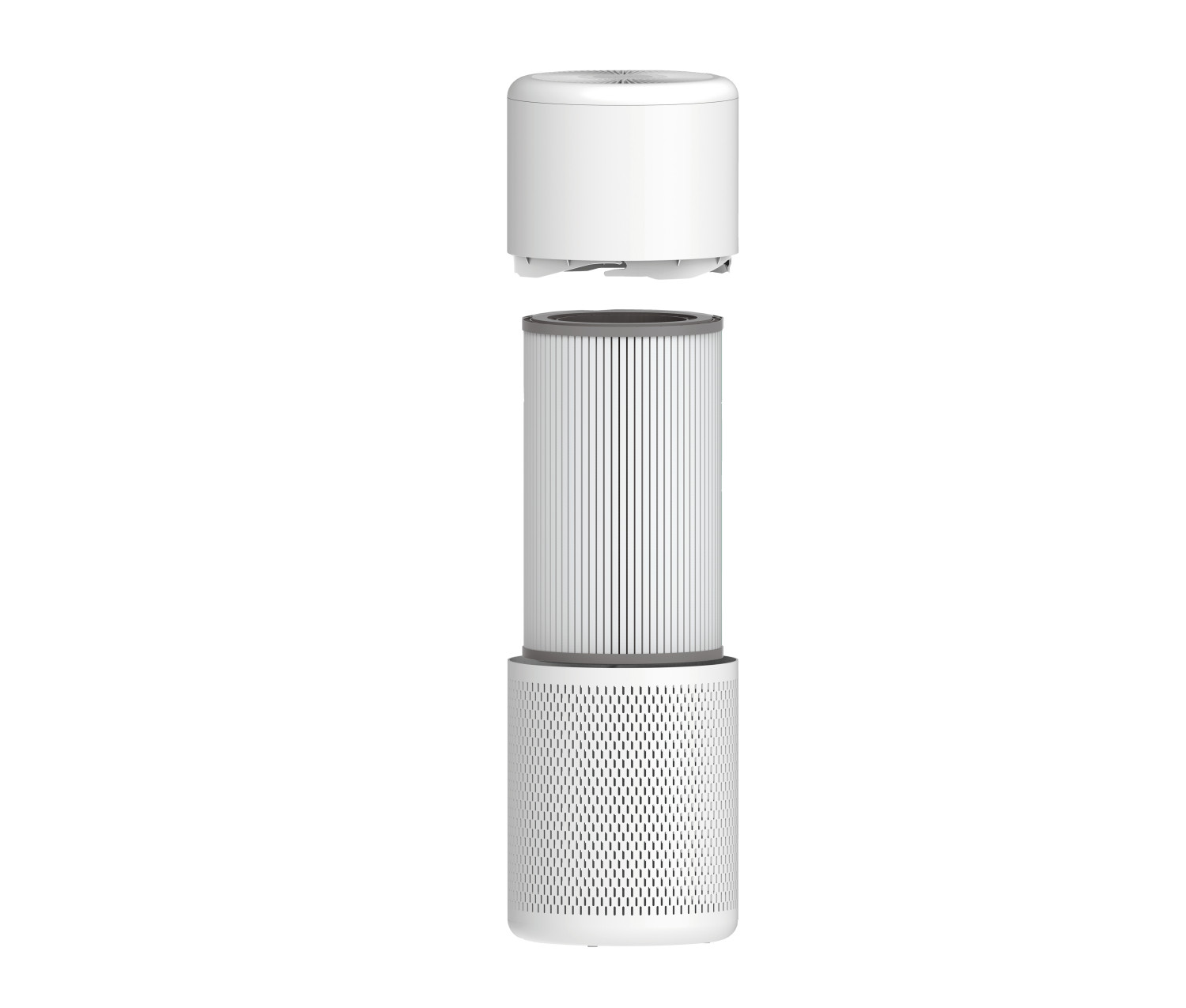 Un purificatore d'aria bianco con parti separate: alloggiamento, filtro e coperchio.