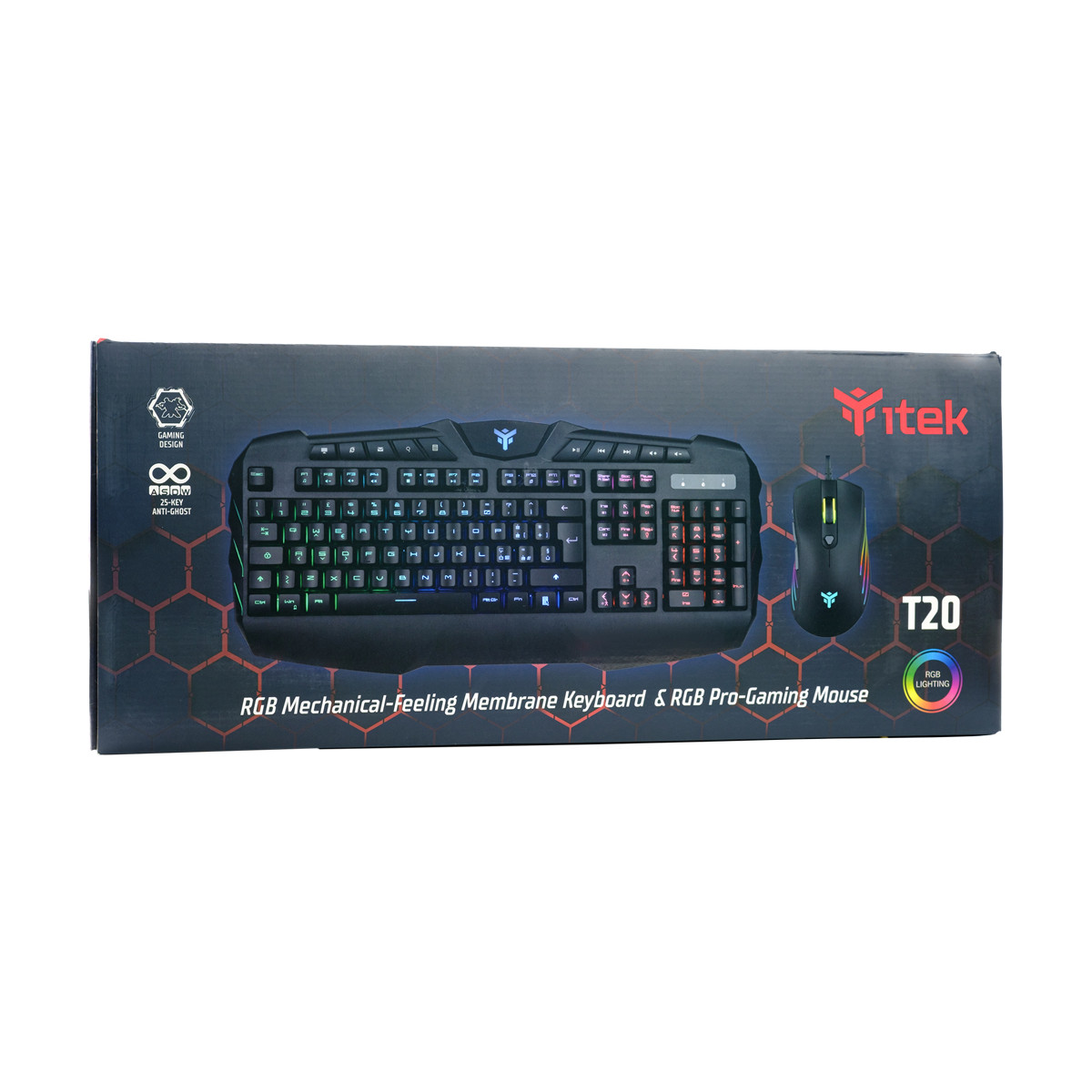 Pudełko z klawiaturą i myszką, z oświetleniem RGB i tekstem.