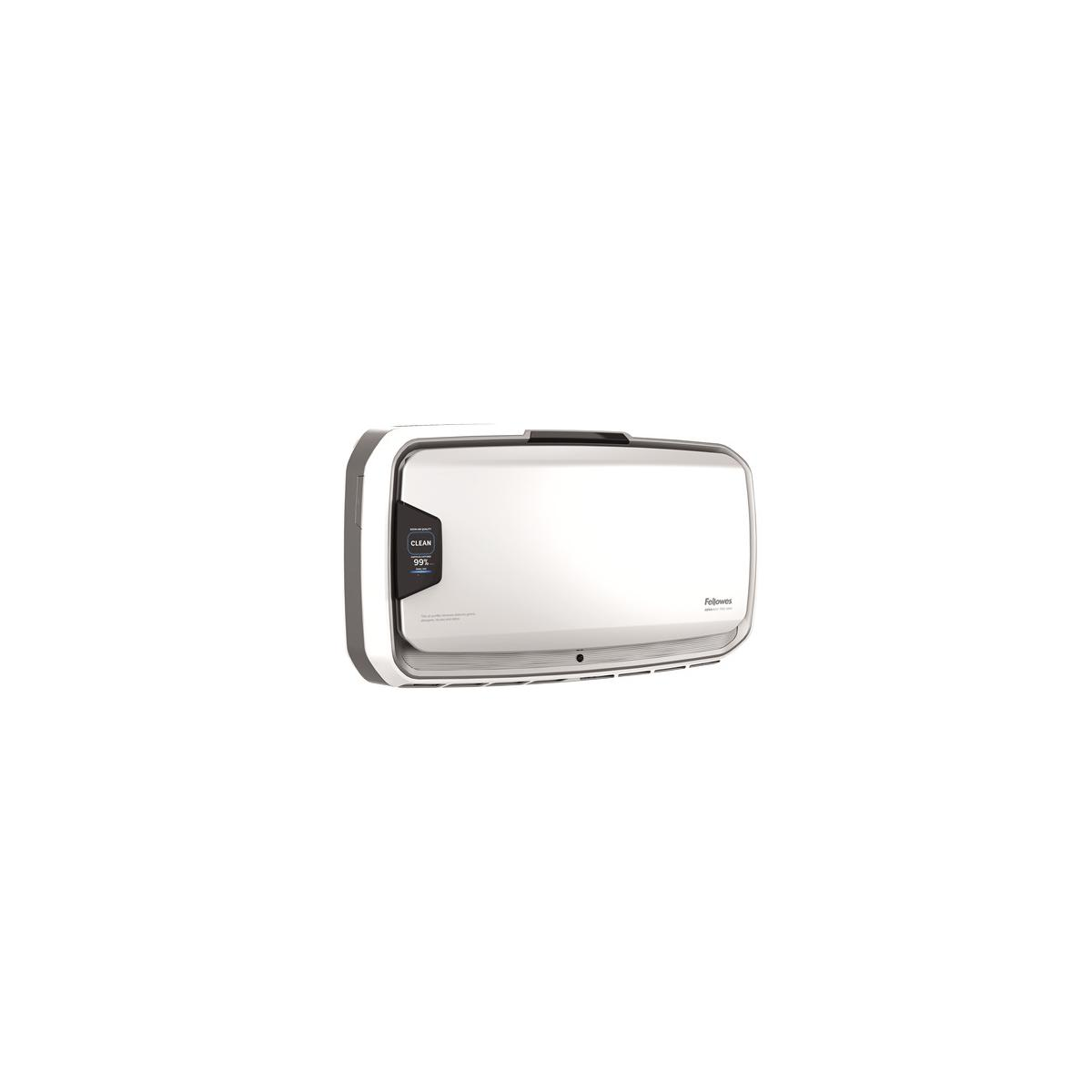 Un purificatore d'aria Fellowes bianco con cornice scura e display.