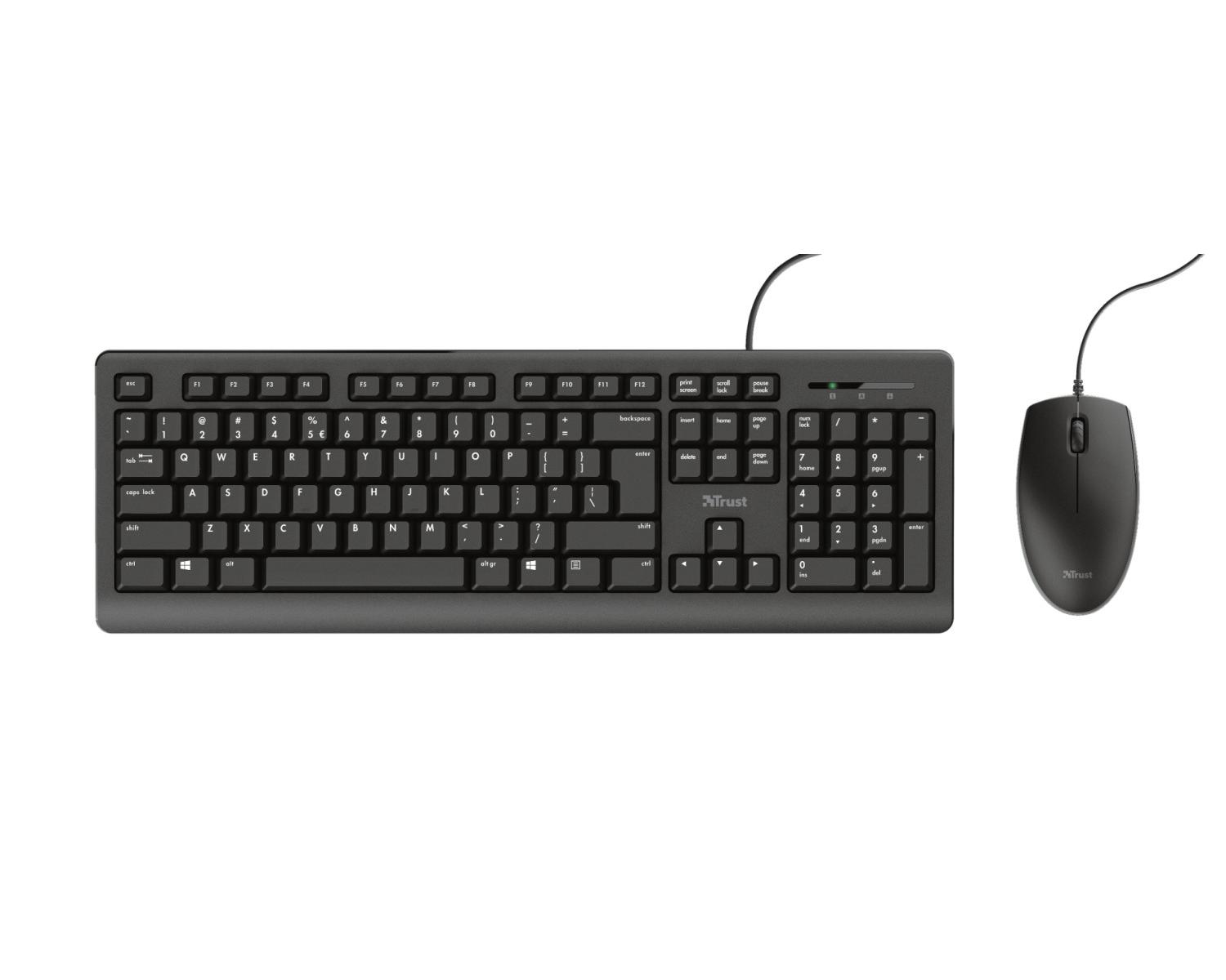 Schwarze Tastatur und Maus mit Kabel, auf weißem Hintergrund.