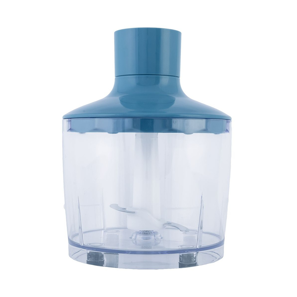 Un accessorio per frullatore a immersione blu con contenitore trasparente e lame.