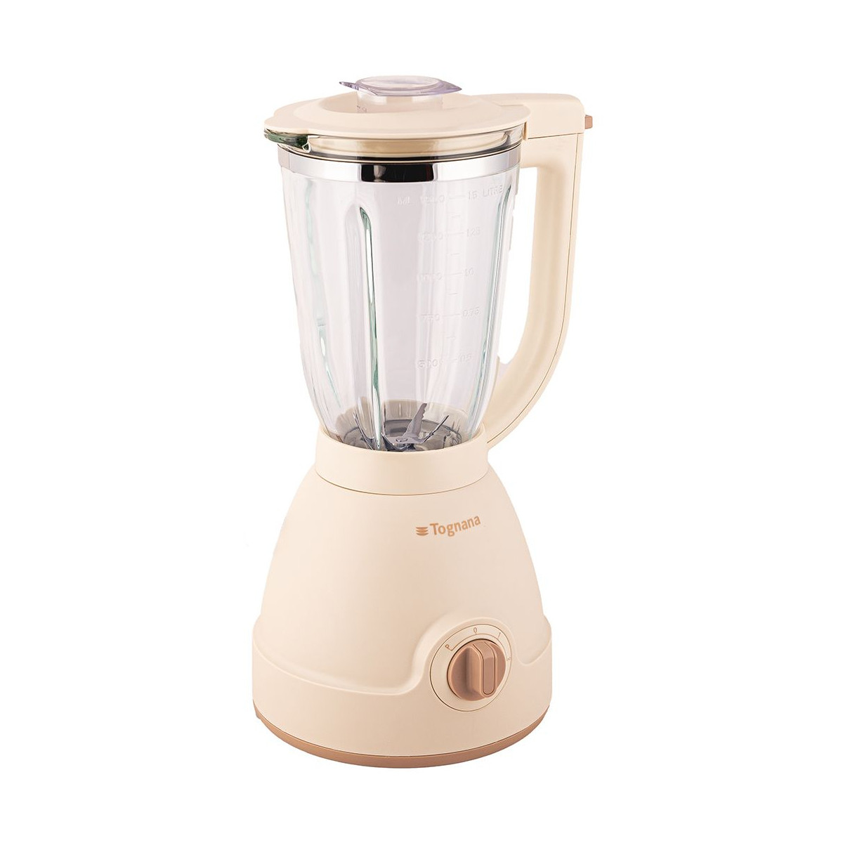 Un frullatore color crema con caraffa in vetro, bordo argentato e quadrante beige-marrone.