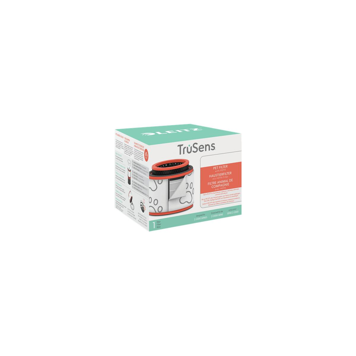 Verpackung eines TruSens Haustierfilters mit HEPA-Filter, runde Oberseite.