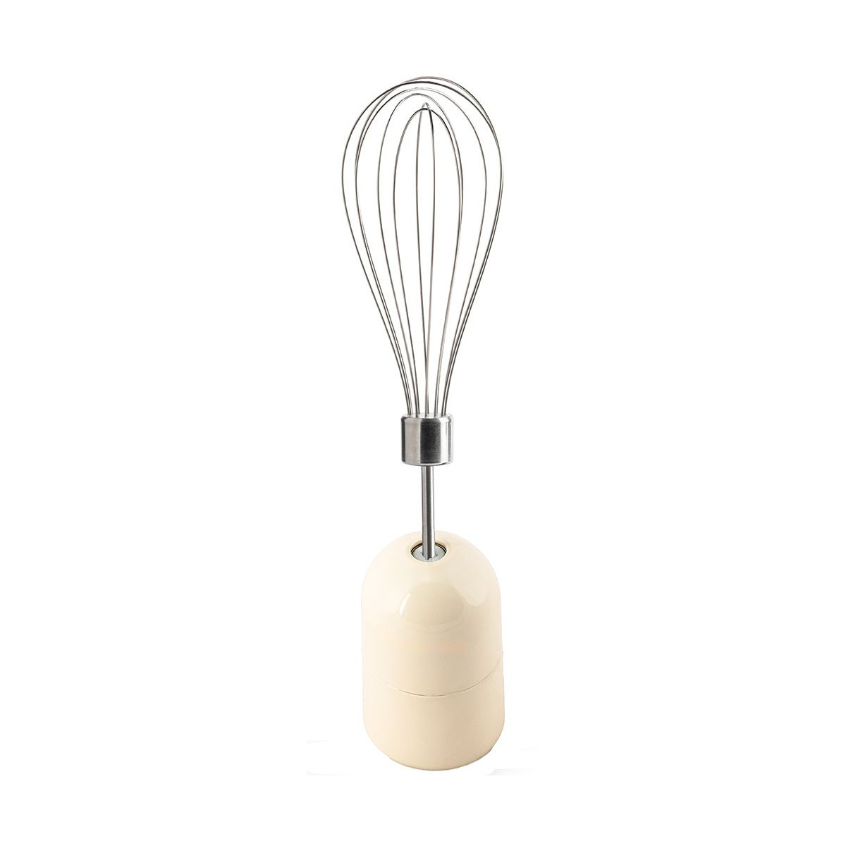 Un accessorio frusta color crema con testa in metallo e fili sottili.