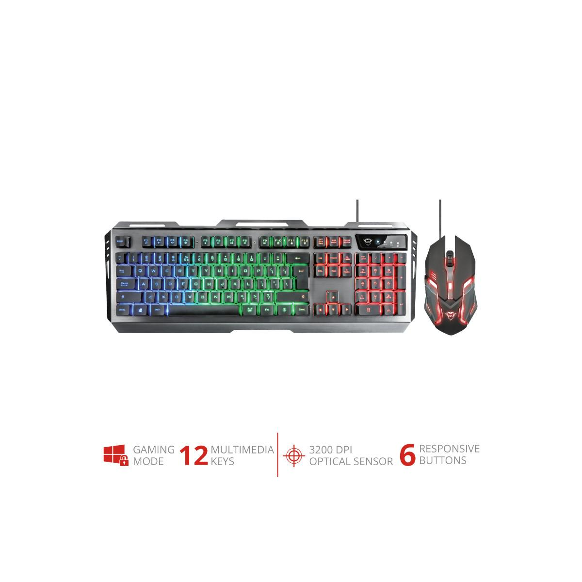 Una tastiera e un mouse gaming neri con retroilluminazione rossa e verde su sfondo bianco.