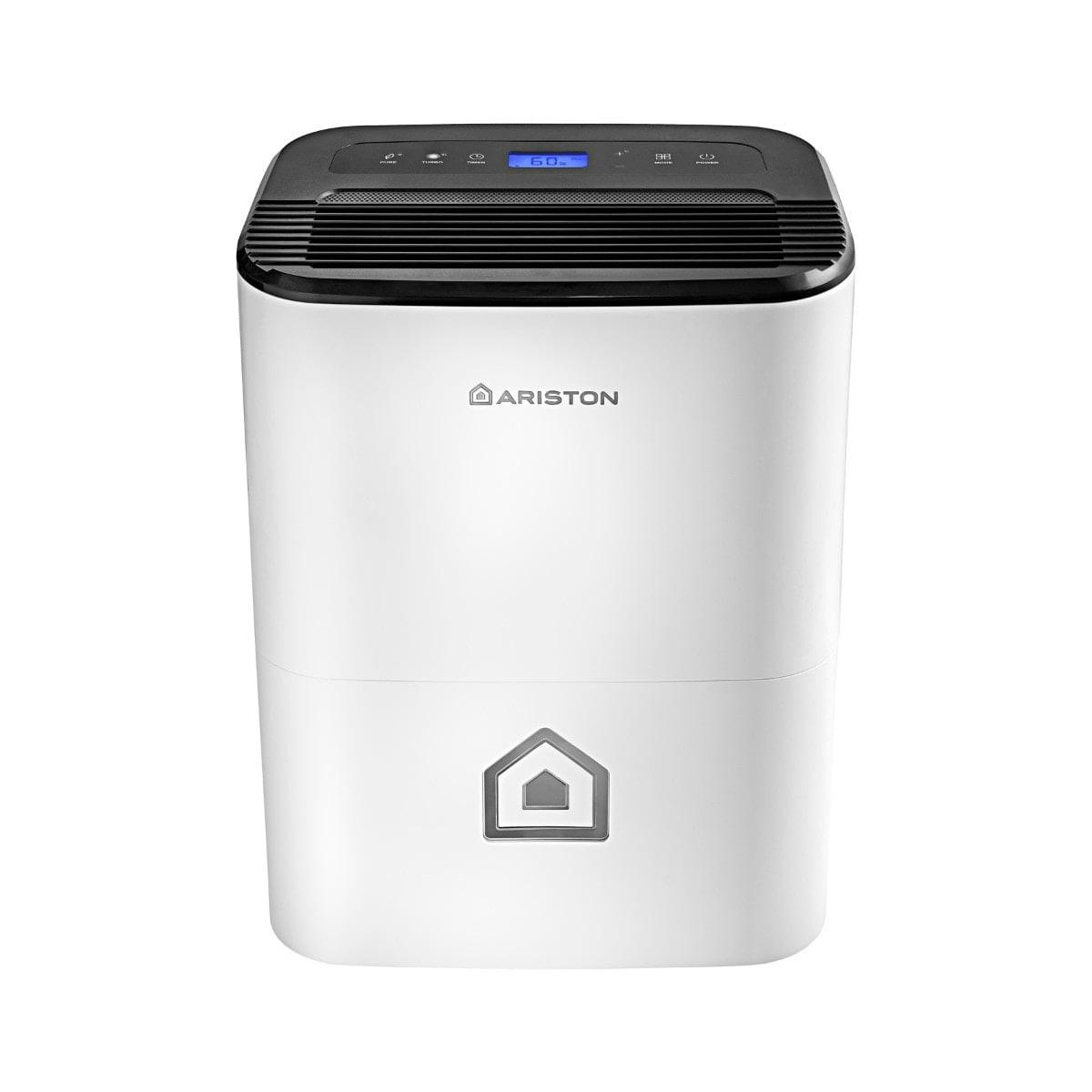 Een witte Ariston luchtontvochtiger met zwart bedieningspaneel en blauw display.