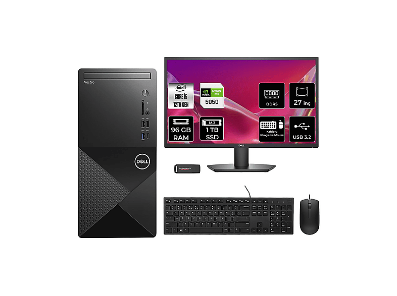DELL Vostro 3030MT RTX5050 8GB 27" N6004VDT3030MTP1158 PER4 Bellek Intel Core i5-12400 96 GB RAM 1 TB SSD FreeDOS Masaüstü Bilgisayar